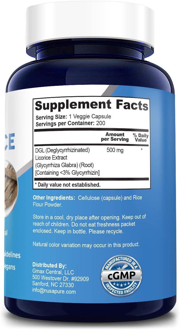 Buy DGL Licorice Extract 500 mg 200 Veggie Capsules (Vegan,NonGMO