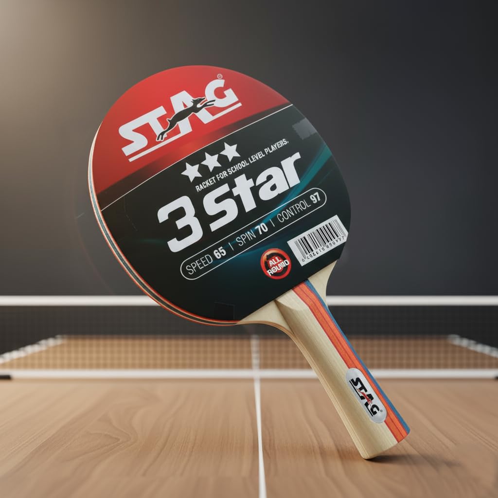 Stag 3 Star Table Tennis Racket | Professional Quality Ping Pong Paddle for Beginners to Advanced Players | ITTF Approved Rubber, Speed & Control Balance