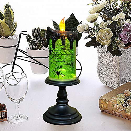 Image of Halloween Flameless Candle Snow Globe Battery Operated with 6 Hour Timer, Green Light Spider Decal Water Tornado Lamp LED Candlestick Halloween Season Decor Gift 4 x 10 Inches