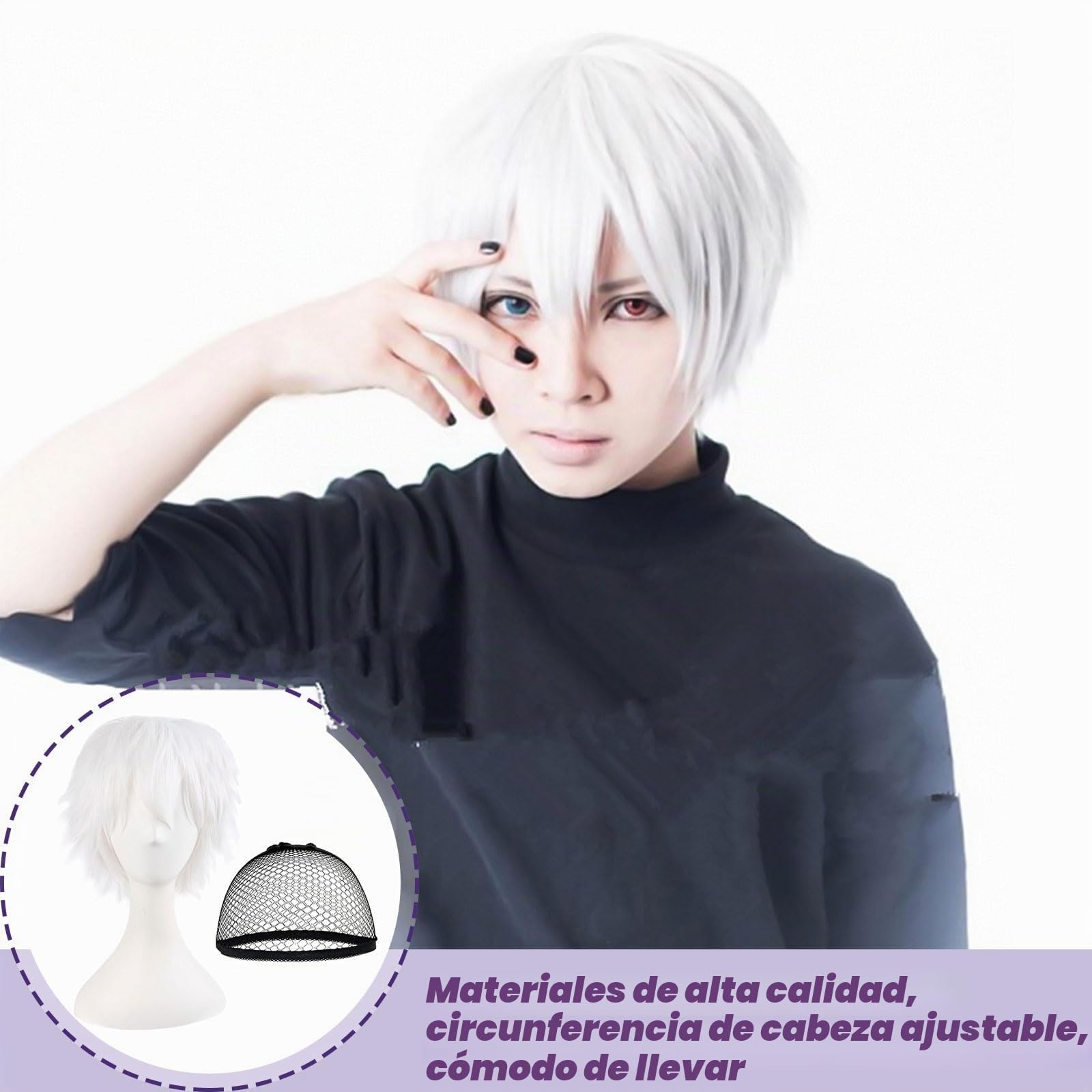 Gojo - Peluca hombre con peluca blanca, longitud aproximada de 30 cm, diseñada para los fans del cosplay