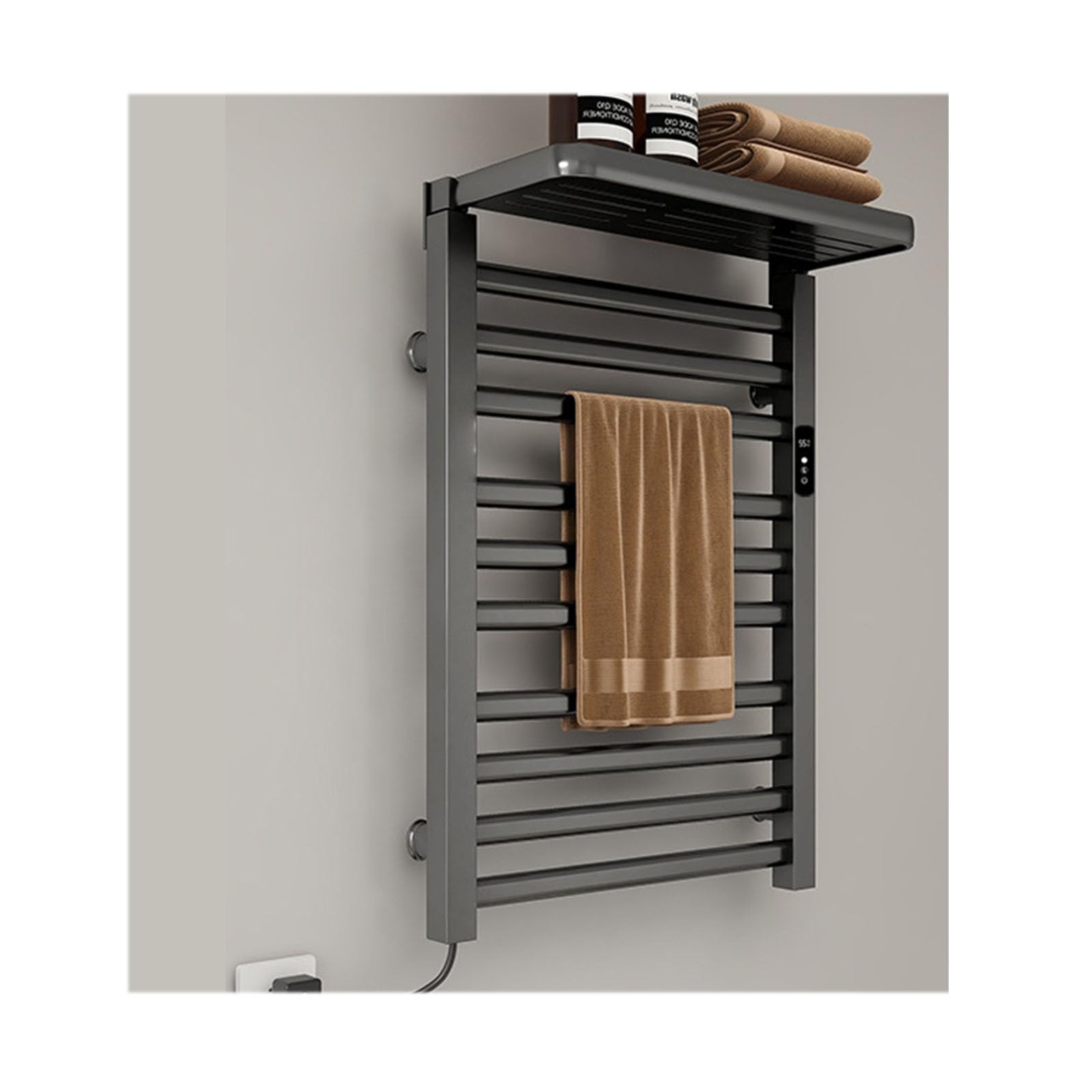 Tendedero calefaccionado de pared gris con control de temperatura y estante de baño