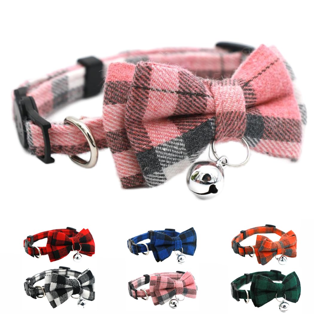Pink Plaid Bowtie Cat Collar with Bell Breakaway Kitten Collar with Bells