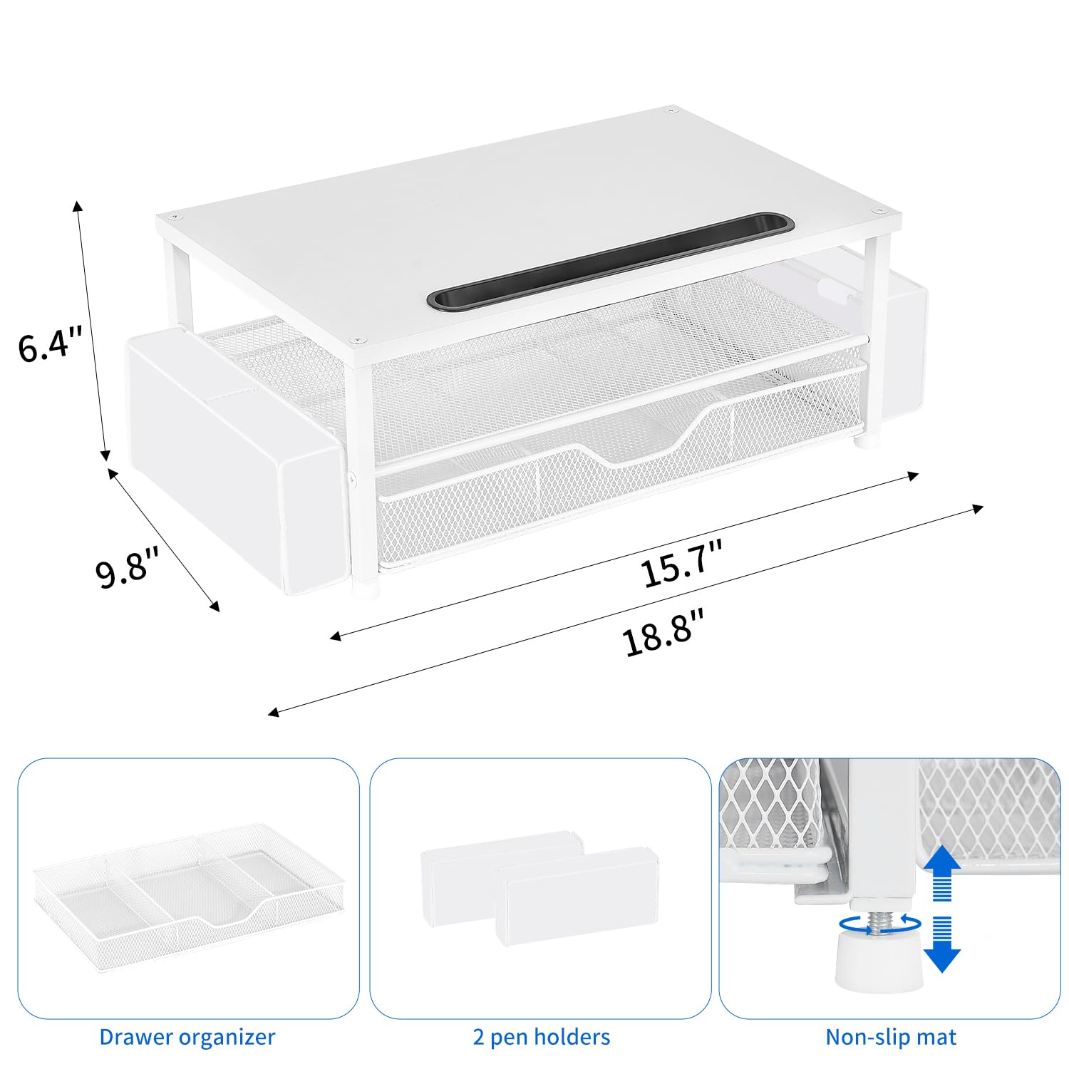 AUPSEN Weißer Monitorständer, 2-stöckig, Holz, Computer-Schreibtisch-Organizer mit Schublade, Stiftaufbewahrung und Handyhalter, Büro-Schreibtisch-Zubehör, Schreibtisch-Organizer für Bürobedarf