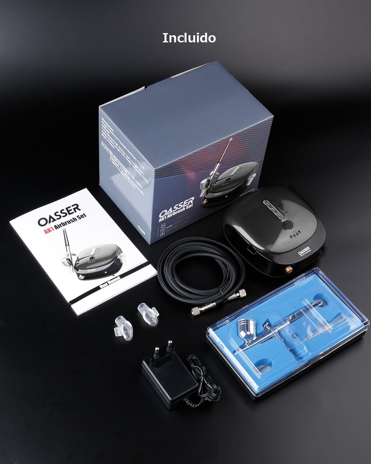 Oasser Mini Kit Aerógrafo con Compresor Portable Profesional Airbrush con Doble Acción 1000mAh Batería de Litio Recargable Juego de Pistola con Compresor para Pintura Artística Uña Modelo AK1 Nergo