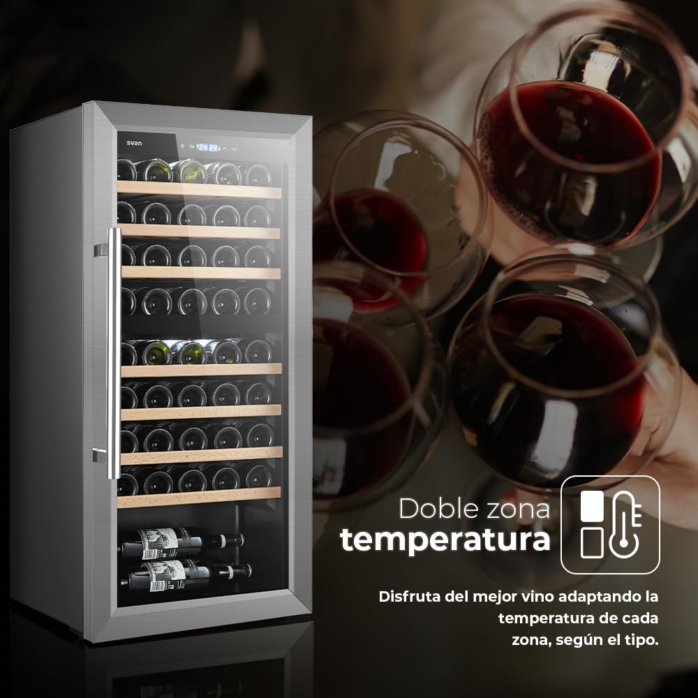 SVAN Vinoteca 45 Botellas Negro SVN4500D. 85W, 2 Zonas Independientes, Display LED táctil, Pantalla Digital Exterior, 7 Baldas de Madera, 1 Rejillas Metálicas, Clase de Eficiencia Enérgetica G