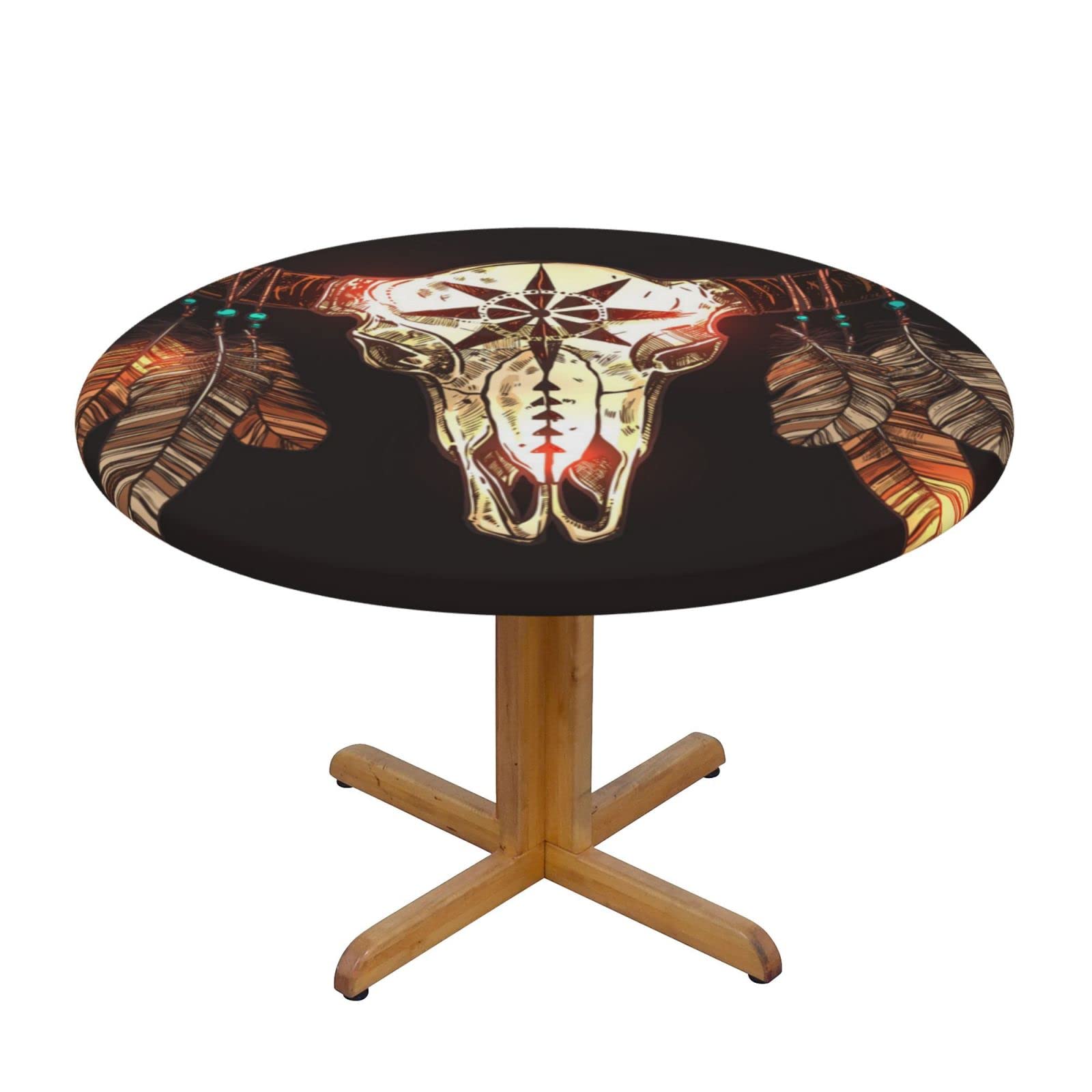 Lsjuee Round Fitted Tablecloth 40-44in Elastic Edged Table Cloth for Kitchen Dining Party Home Decor - Skull Bull Head Feathers American