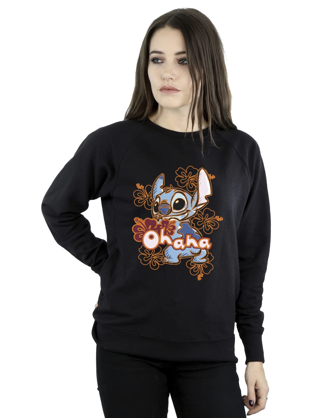 Disney Lilo & Stitch Ohana Orange Hibiscus Sweatshirt - Long-Sleeved Crew Neck - Cotton Polyester Blend - Black - XXL