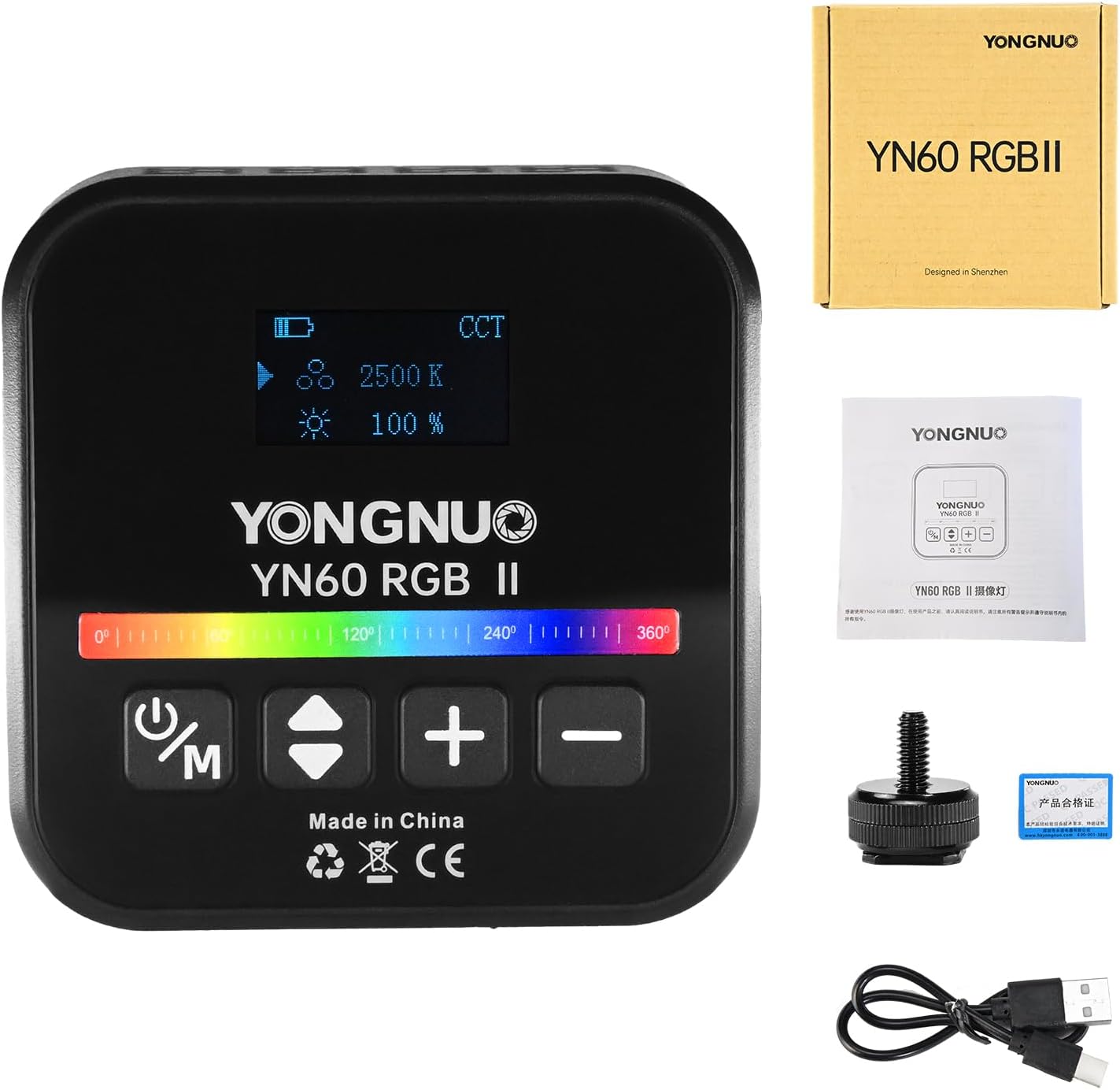 YONGNUO YN60RGB II LED Panel Video Light with OLED Screen, 68pcs LED Lamps 2500-9900K Color Temperature CRI 95+ HSI 0-360 Degree, 25 Special Scene Modes, 2000mAh Built-in Lithium Battery
