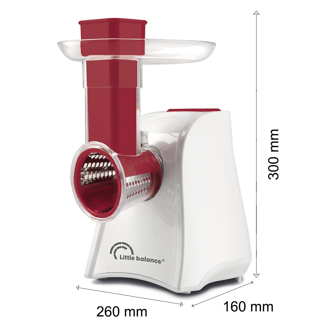 LITTLE BALANCE 8701 Easy Veggie, Découpe légumes électrique 4 en 1, Râper émincer trancher gratter, Large plateau sur goulotte, 5 accessoires en acier inoxydable amovibles, 150 W, Blanc/Rouge
