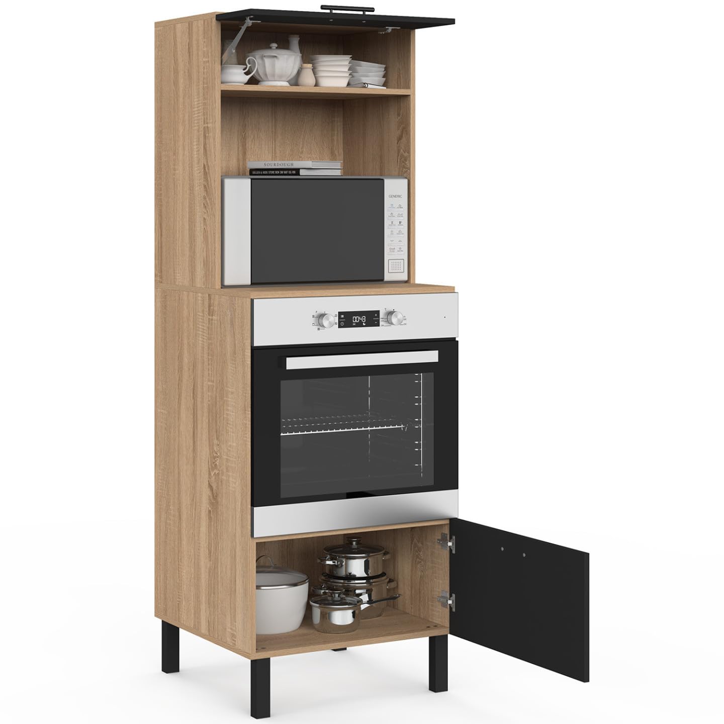 IDMarket - Armoire Colonne de Cuisine Four/Micro-Ondes 60 cm CINA 2 Portes Noir et façon hêtre