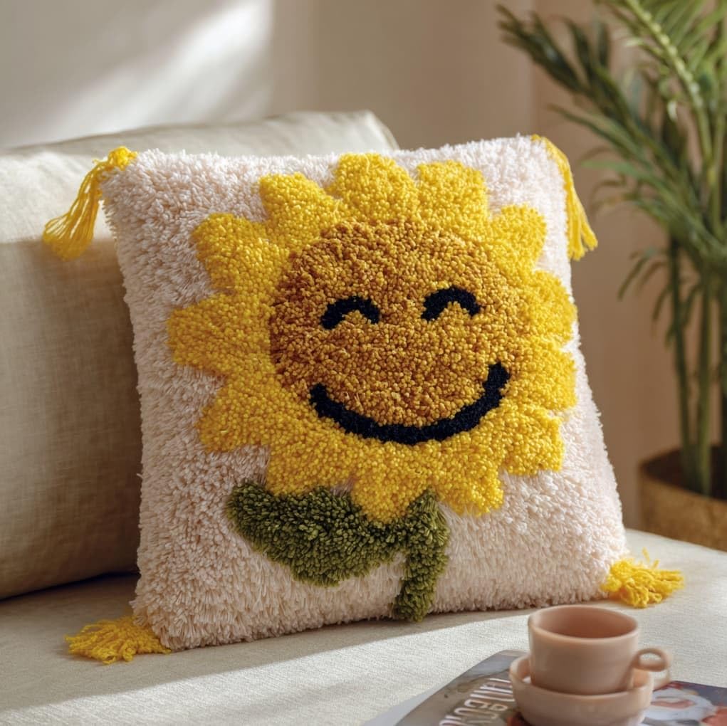 Henypt Latch Hook Pillow Kit for Beginners 43x43cm,Smiling Sunflower Complete DIY Craft Set,Decorative Cushion Cover for Living Room & Bedroom