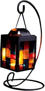 【morningplace】北欧 キャンドル スタンド ホルダー アンティーク 吊りフック付き ステンドグラス 格子デザイン インテリア に (ブラック)