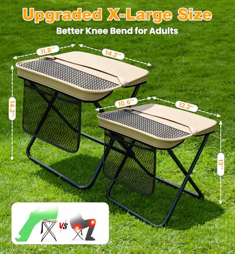 Image of 2 Pcs XL Foldable Backpack Stool for Adults, 14.2 inch Wide Seat & Knee-Friendly Folding Stool Pocket Chair, Portable Chairs, Heavy Duty Collapsible Camping Seat for Fishing Travel - Green