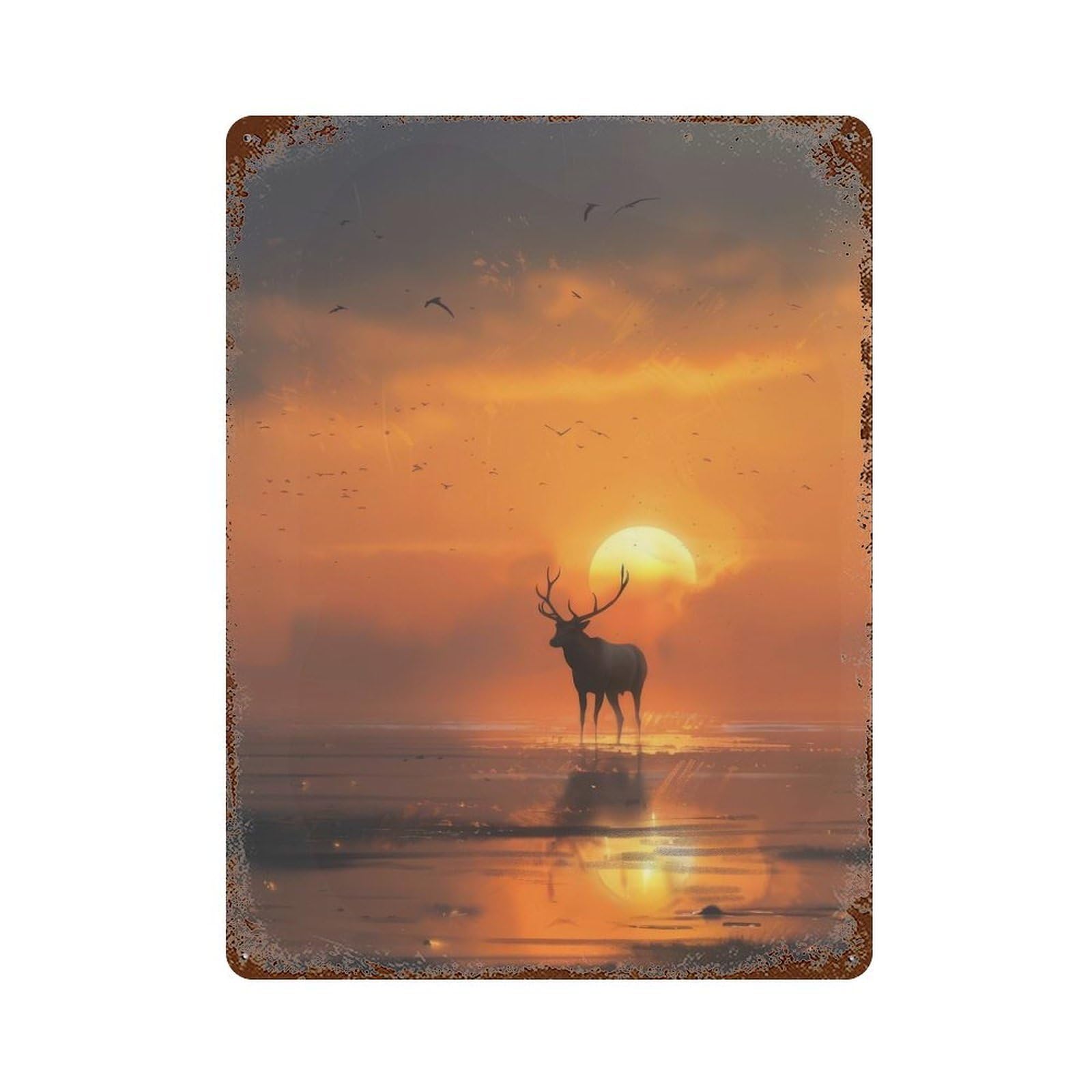 Distressed Metal Wall Sign with Deer Silhouette at Sunset Design 15.7"x11.8", for Farmhouse, Kitchen And Entryway Decor, Old School Wall Decor