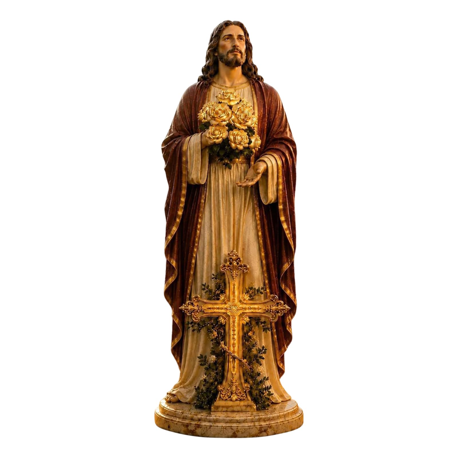 Virgin Mary Garden Statue with Lighting Roses Resin Religious Figurine Hand Made Outdoor Resin Mary Ornament