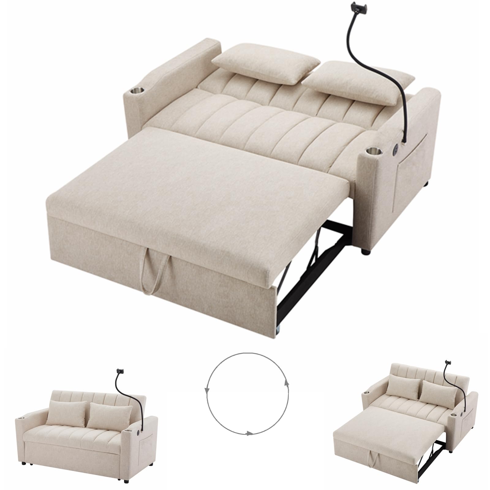 3 in 1 Convertible Sofa Bed, Sleeper Loveseat Pull Out Bed with USB Ports, Cup Holders, Phone Holder and Side Pockets, Modern Love Seat That Turns into Bed for Small Space, S3-Beige