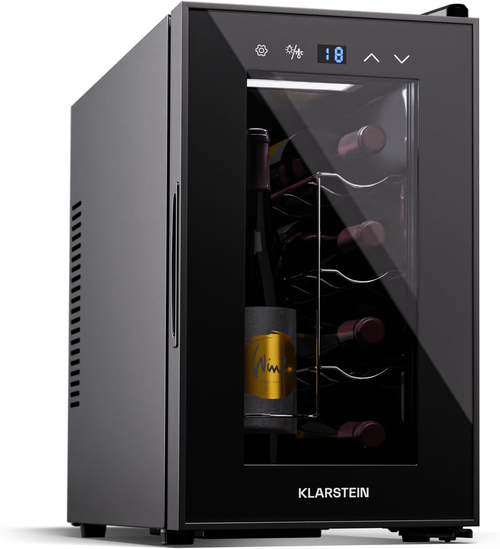 Klarstein Single Zone Refrigerated Wine Cellar, Fridge Bar, Glass Door, Mini Silent Refrigerator, 5-18°C, 8 Bottles
