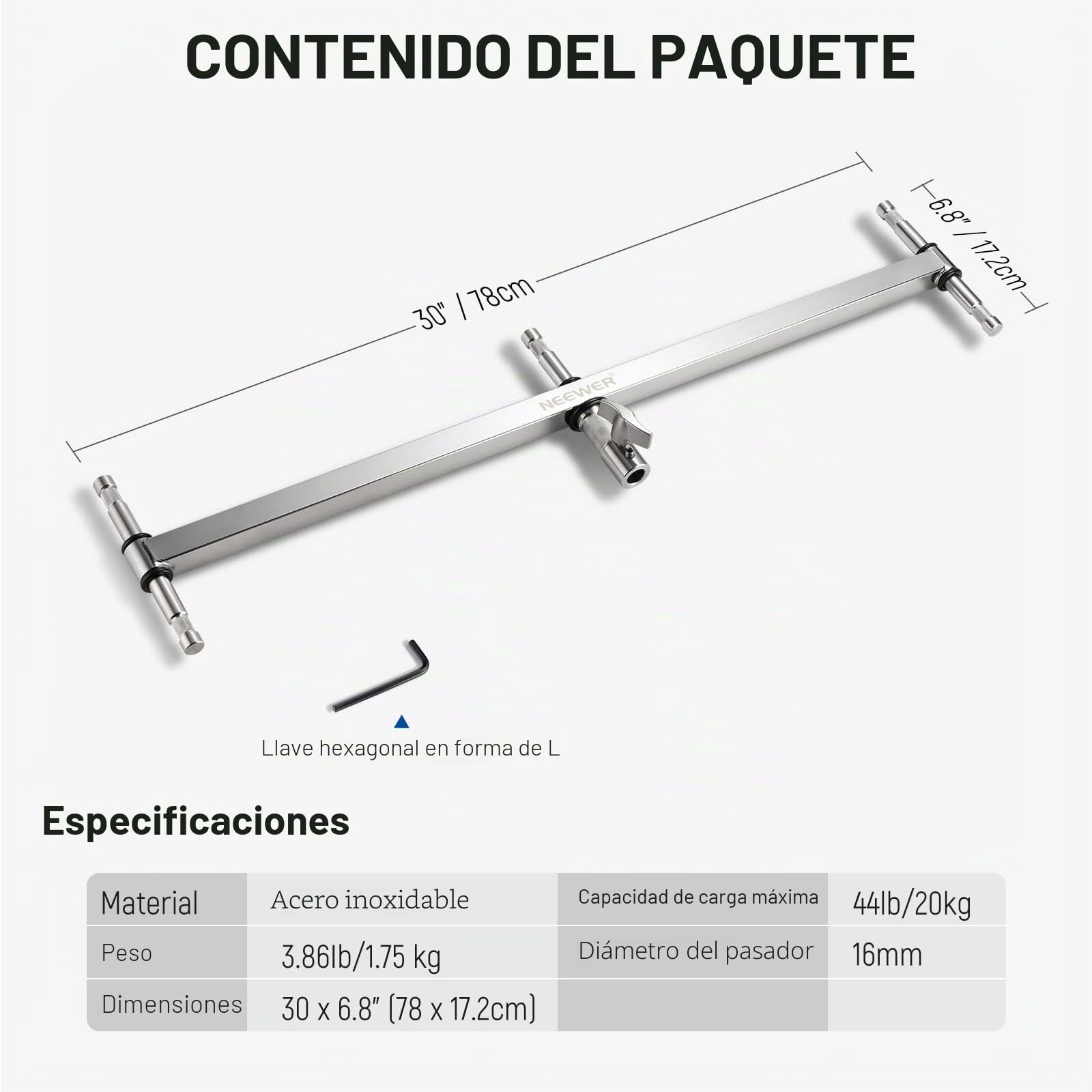 NEEWER Brazo de Pluma de Cabezal Triple con Cinco Pines de Bebé de 5/8" para Luz LED/Flash, un Pin de 1-1/8" para Soporte C/Soporte con Perno de 16mm o Receptor Júnior de 28mm,Acero Inoxidable,UA005