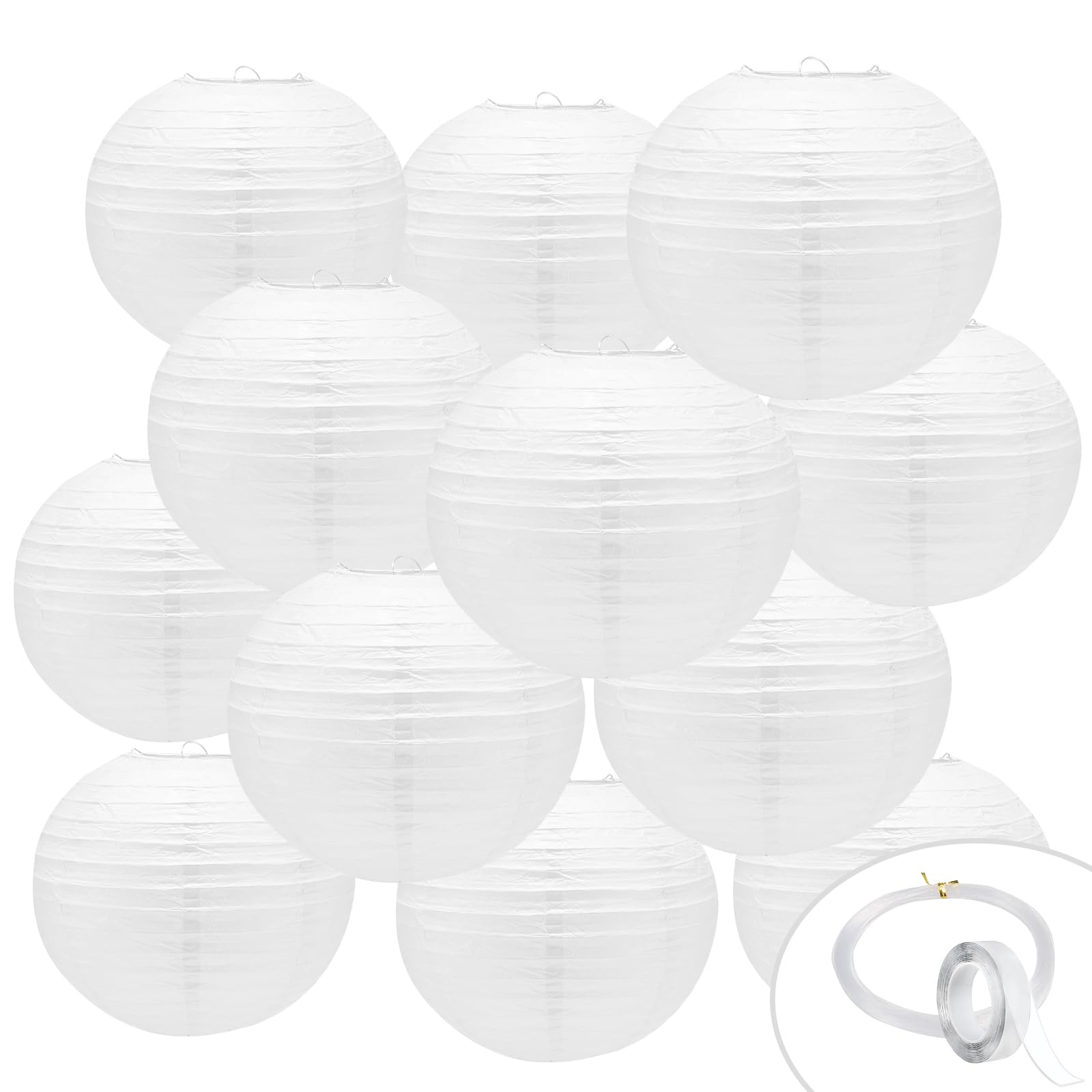 12Pcs White Paper Lanterns Decorative, 10Inch Round Chinese Lanterns for Birthday, Wedding, Christmas, Bridal, Home Decor, Party Decoration