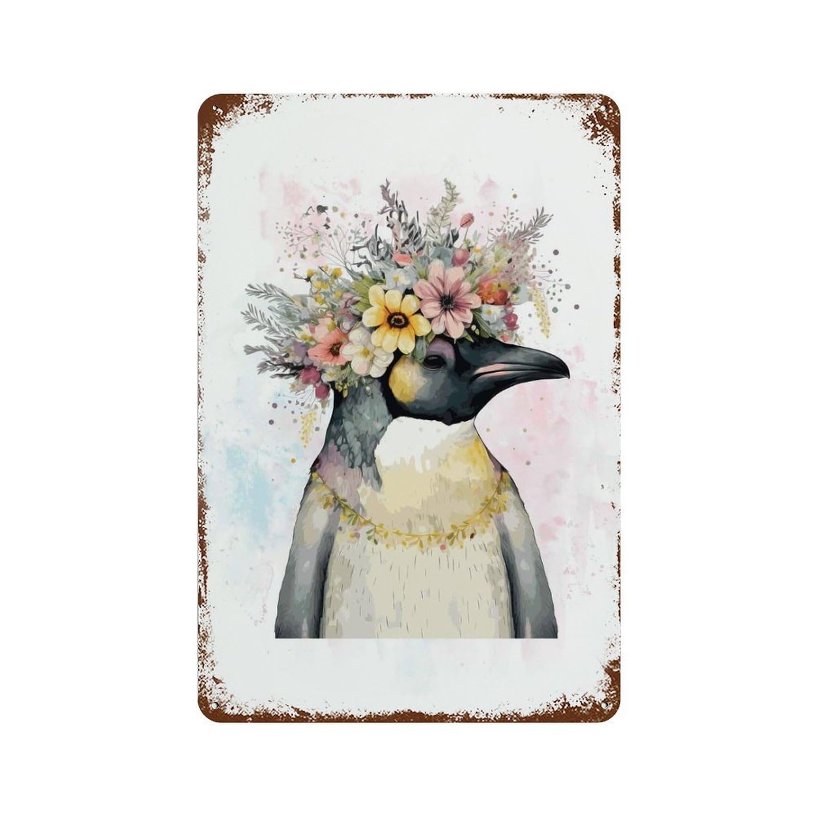 Floral Emperor Penguin Art Rusty Metal Tin Sign 11.8"x7.9", Vintage Wall Decor for Garage, Pub Or Kitchen