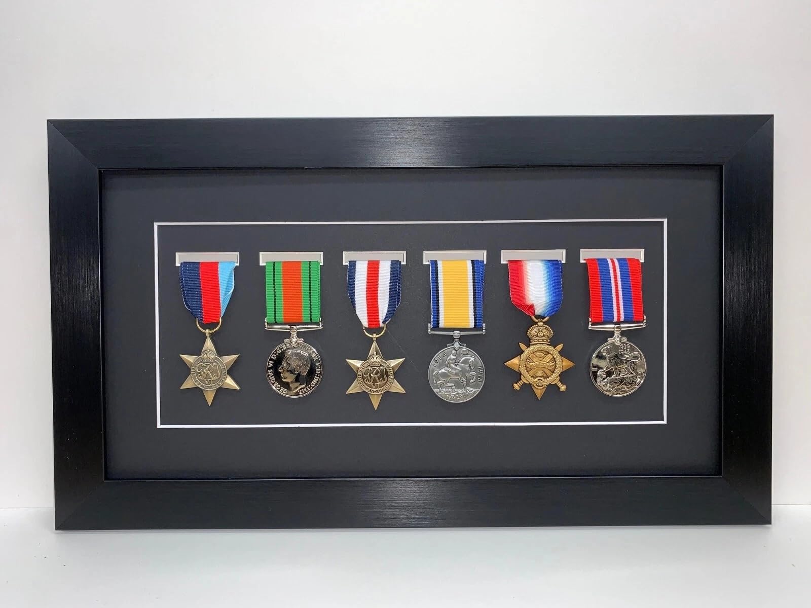 Kwik Picture Framing Ltd 6 Medal Military Medal Display Frame 45x26cm, Black Mount - Large Deep Shadow Box Case for Army Navy RAF Service Awards | WW1 WW2 Memorabilia Wall Display