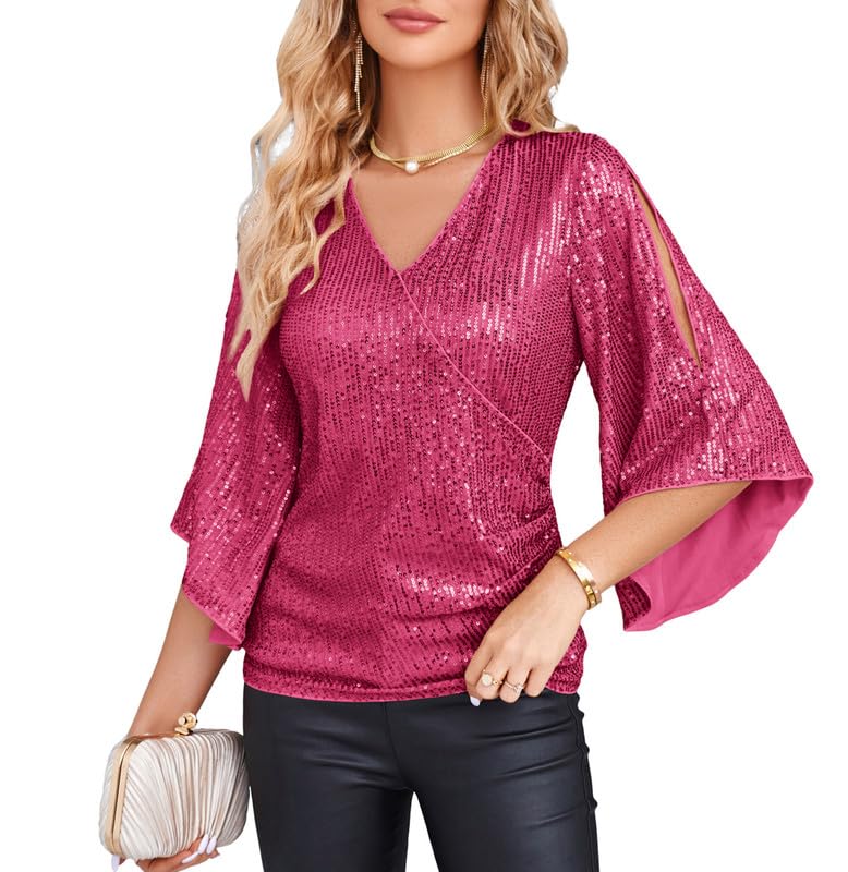 GRACE KARINWomens Sequin Tops 3/4 Sleeve Glitter Sparkly Party Blouse V-Neck Dressy Tops for Evening Party