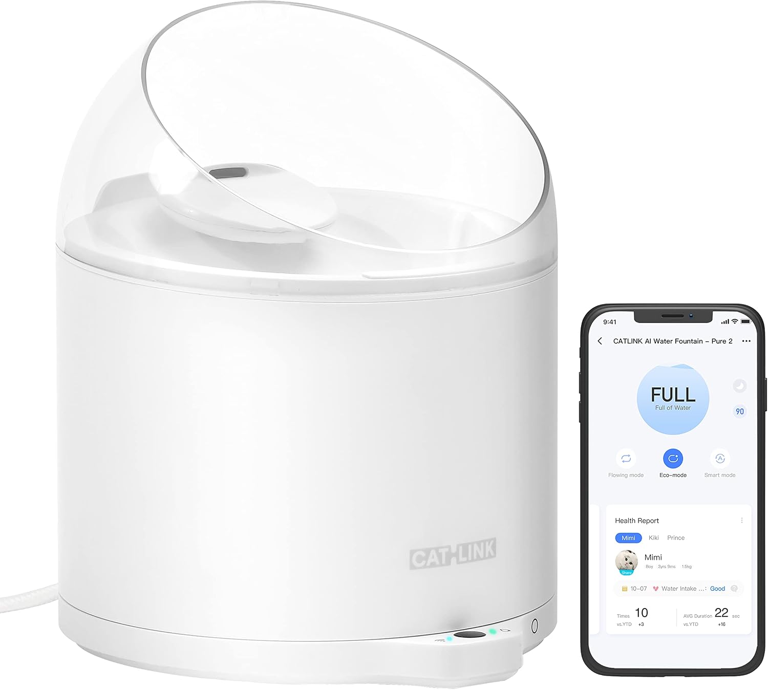 CATLINK Cat Water Fountain with Wireless Pump, 91.71oz/2.6L, Ultra Quiet, Ultrafiltration, Health Monitoring, for Cat Inside, App…