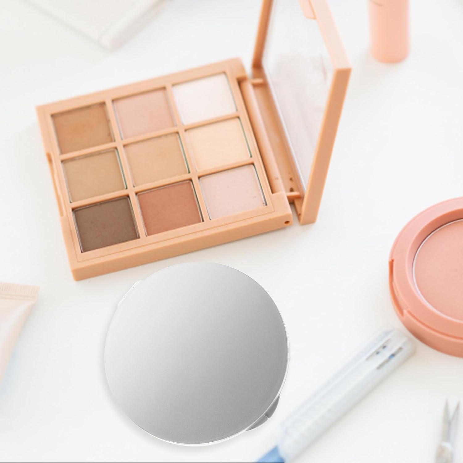 BETOOKY Foldable Mini Round Makeup Mirror 82mm Double-Sided Magnifying Compact Mirror Silver 5X Magnification for Personal Beauty