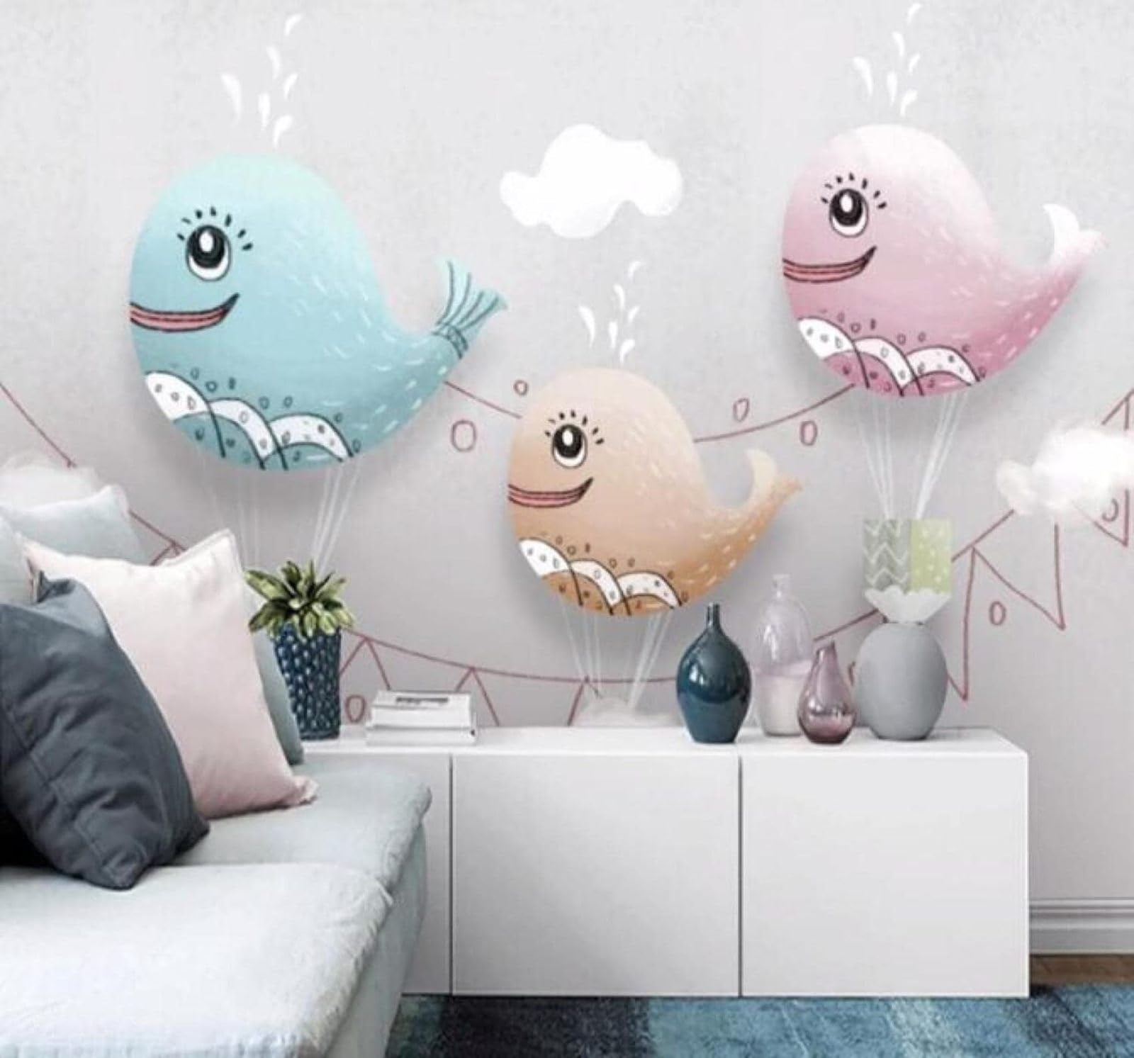 XLMING Minimalist Cartoon Hand Drawn Whale and White Clouds 3D Wallpaper Luxury Home Dining Decor Paste Sofa Living Room The Wall for Bedroom Mural-430cm×300cm