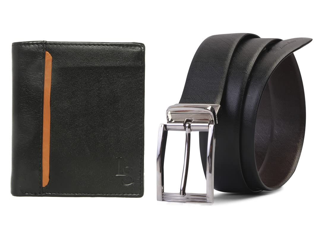 LOUIS STITCHMen's Luxury Combo Wallet and Belt for Men Genuine Leather Belt and Wallet Combo for Men (Black Brown)