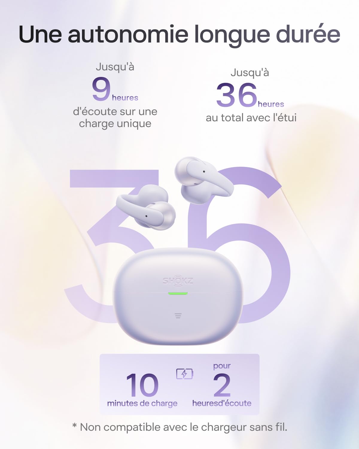SHOKZ OpenDots Air Écouteurs sans Fil Clip-on à Oreilles Libres, 6,3 g, Maintien Sécurisé, Bluetooth 6.1, Basses Profondes, 36 h d'autonomie, Appels avec Réduction du Bruit par IA, IP55, Violet