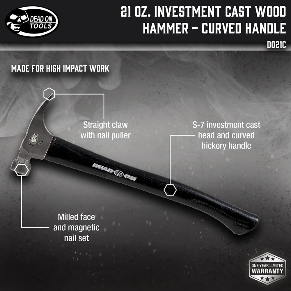 Dead On Tools - Investment Cast Wood Hammer, 16" Curved Hickory Handle, 21oz. (DO21C)