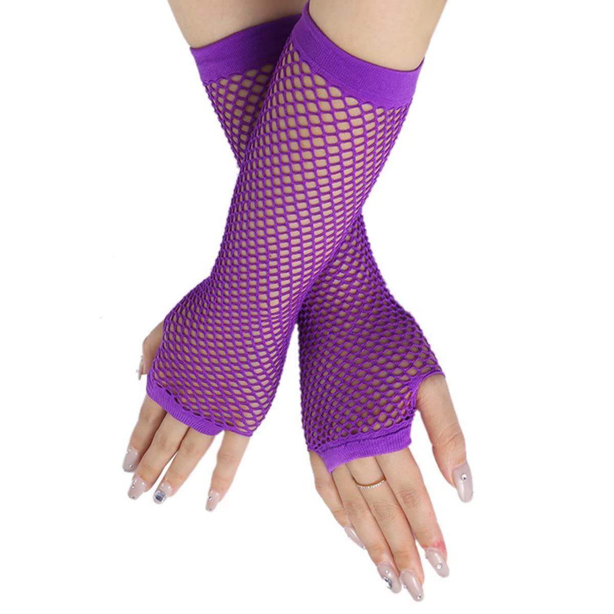 SamHeng Long Fishnet Gloves, Purple Fingerless Arm Warmers Mesh Fancy Dress Gloves, Fancy Dress Punk Accessory for Women Girls Kids 80s Costume Evening Party Supplies Tutu Rave Hen Night