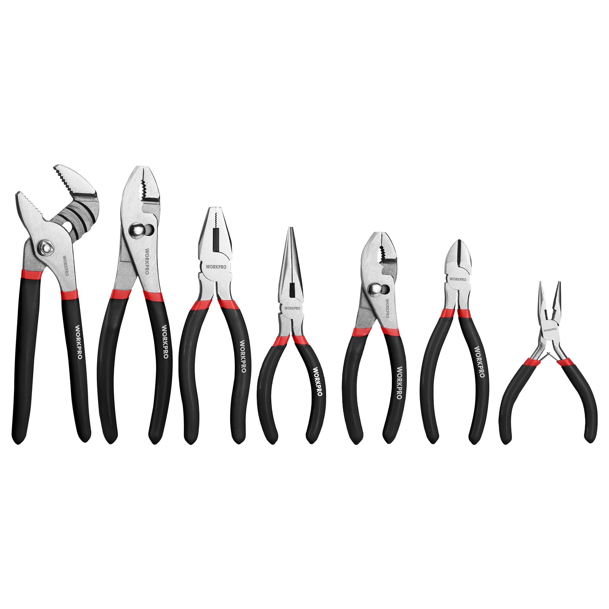 workpro 7-piece pliers set with groove joint, long nose, slip joint, linesman, and diagonal pliers for diy & home use, black