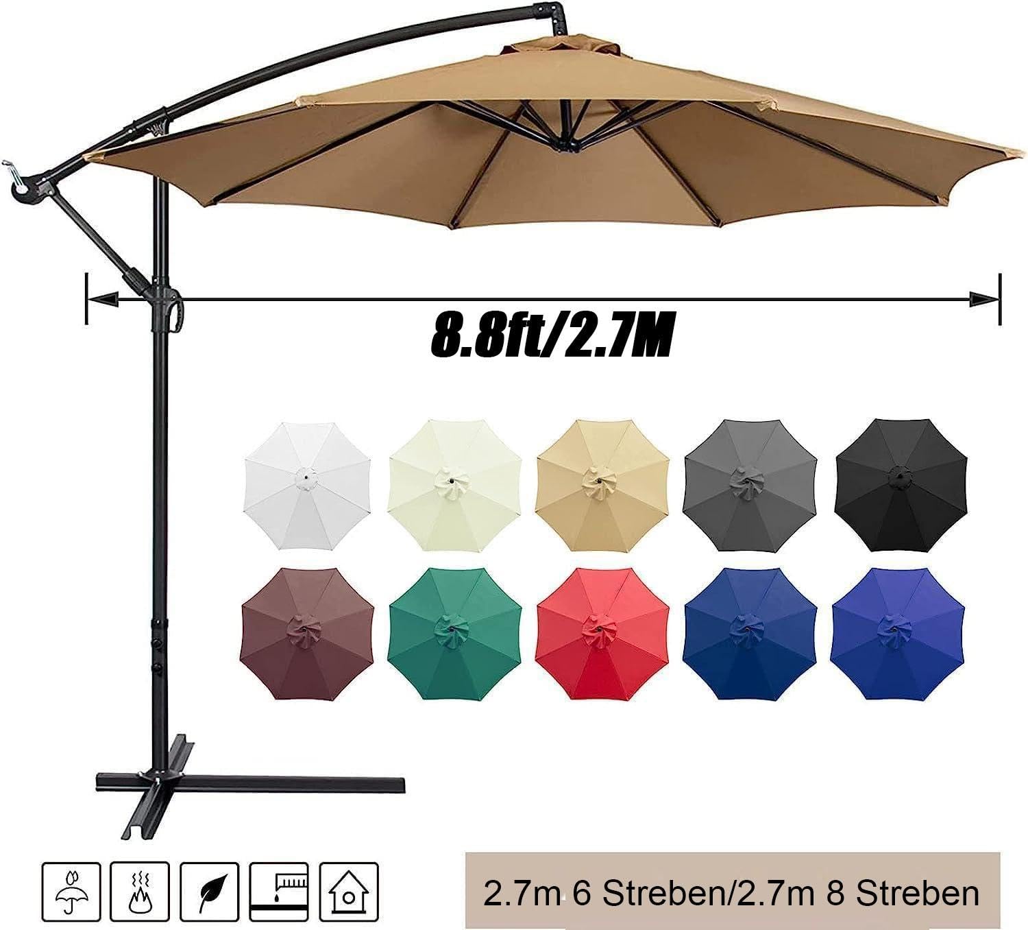 Copertura Per Ombrellone Da Giardino 3m Plcnn - Impermeabile Con 6 Stecche, UV Protection