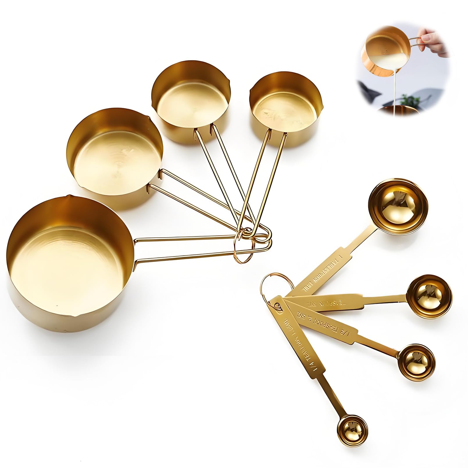 Gold 304 Stainless Steel Measuring Cup and Spoon Set, Stackable, 8-Piece, Long Handle for Narrow Bottles, Premium Gold Kitchen Utensils for and Cooking