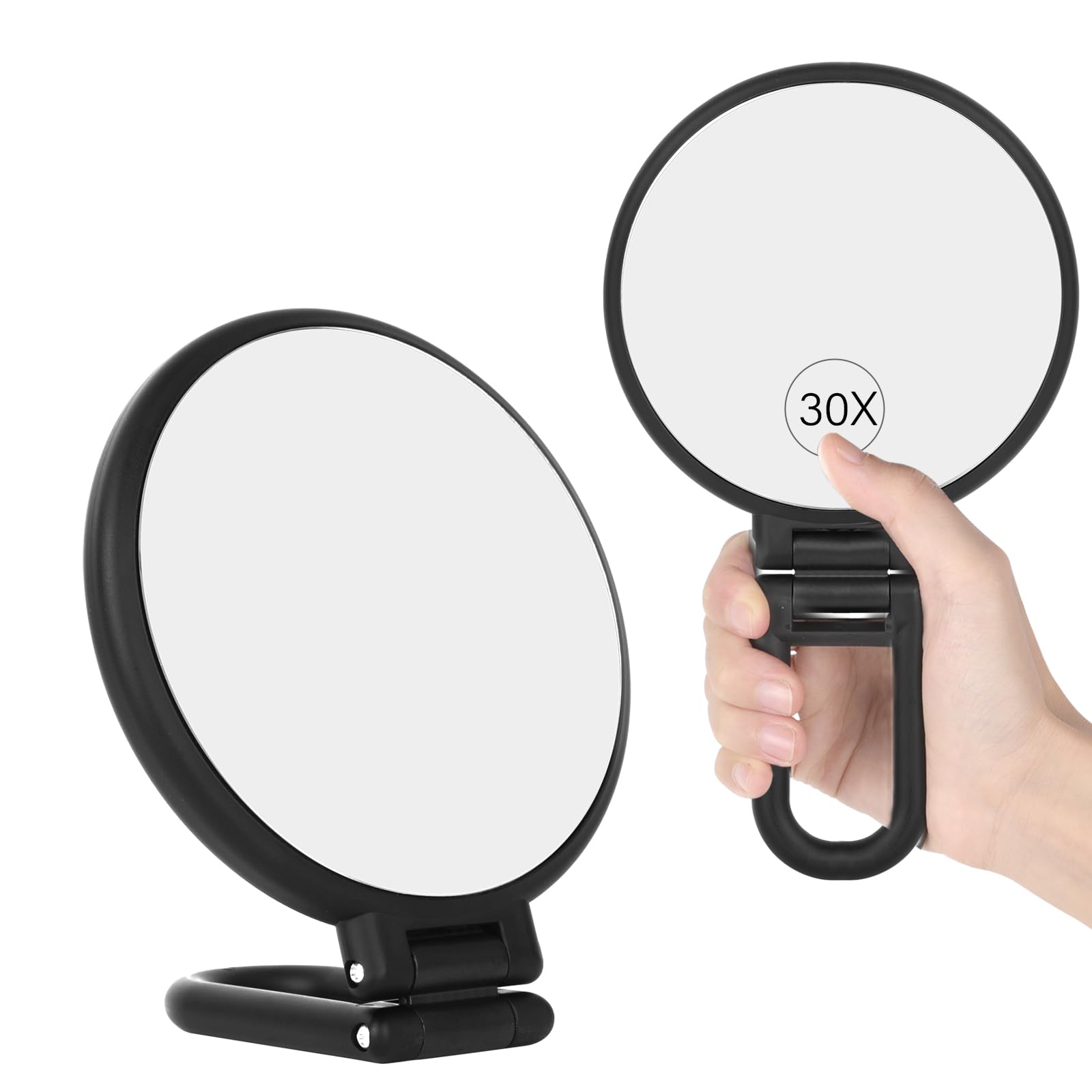 GROFIS Doble Cara Espejo Aumento 30X/1X, Espejo de Mano con Asa Plegable, Portátil Espejo de Viaje, Espejo Maquillaje para Makeup Barberos Afeitados Peluqueros, Regalo para Niñas Mujeres Hombres