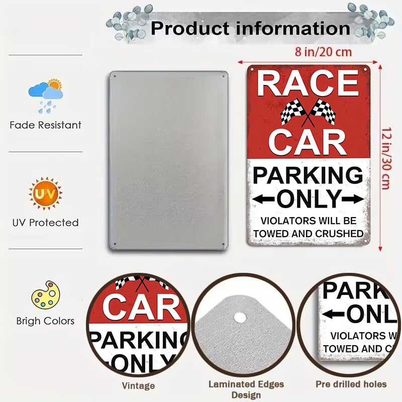 Crazysign Boys Gifts Vintage Race Car Parking Only Tin Sign for Boys Bedroom Man Cave Garage Car Themed Room Wall Decor 8x12 Inch (3352)