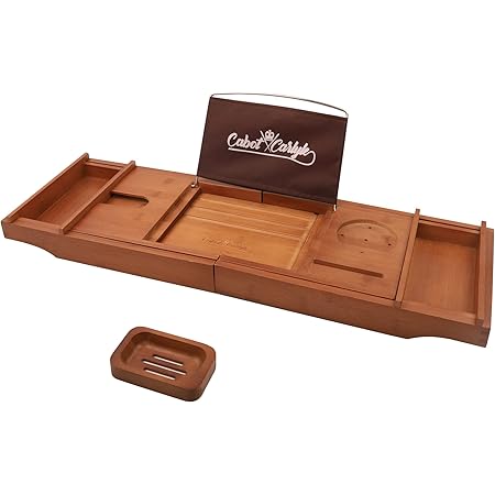 Cabot & Carlyle Luxury Bath Caddy Tray for Tub | Bath Table | Premium Bamboo Bathtub Tray for Tub | Fits All Bath Accessories Wine Glass, Books, Tablets, Cellphones, Shampoo | Bath Shelf Foldable.