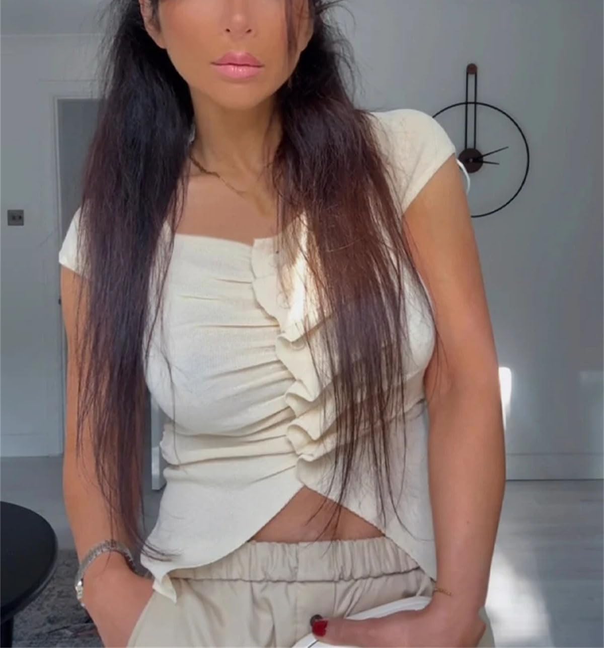 レディース プリーツ シングルブレスト ベスト、Vネック スリムニットトップス