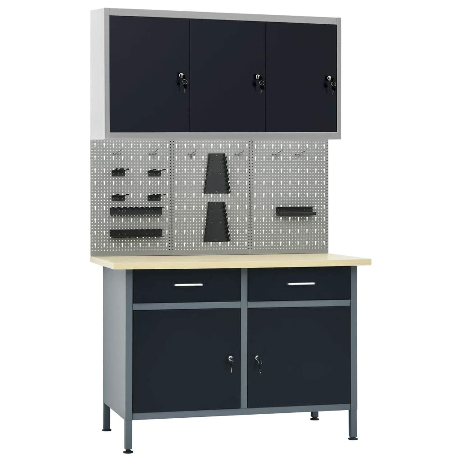 Werkbank mit 3 Werkzeugwänden und 1 Wandschrank, Werktisch, Arbeitstisch, Schweißtisch, Maschinenuntergestell,