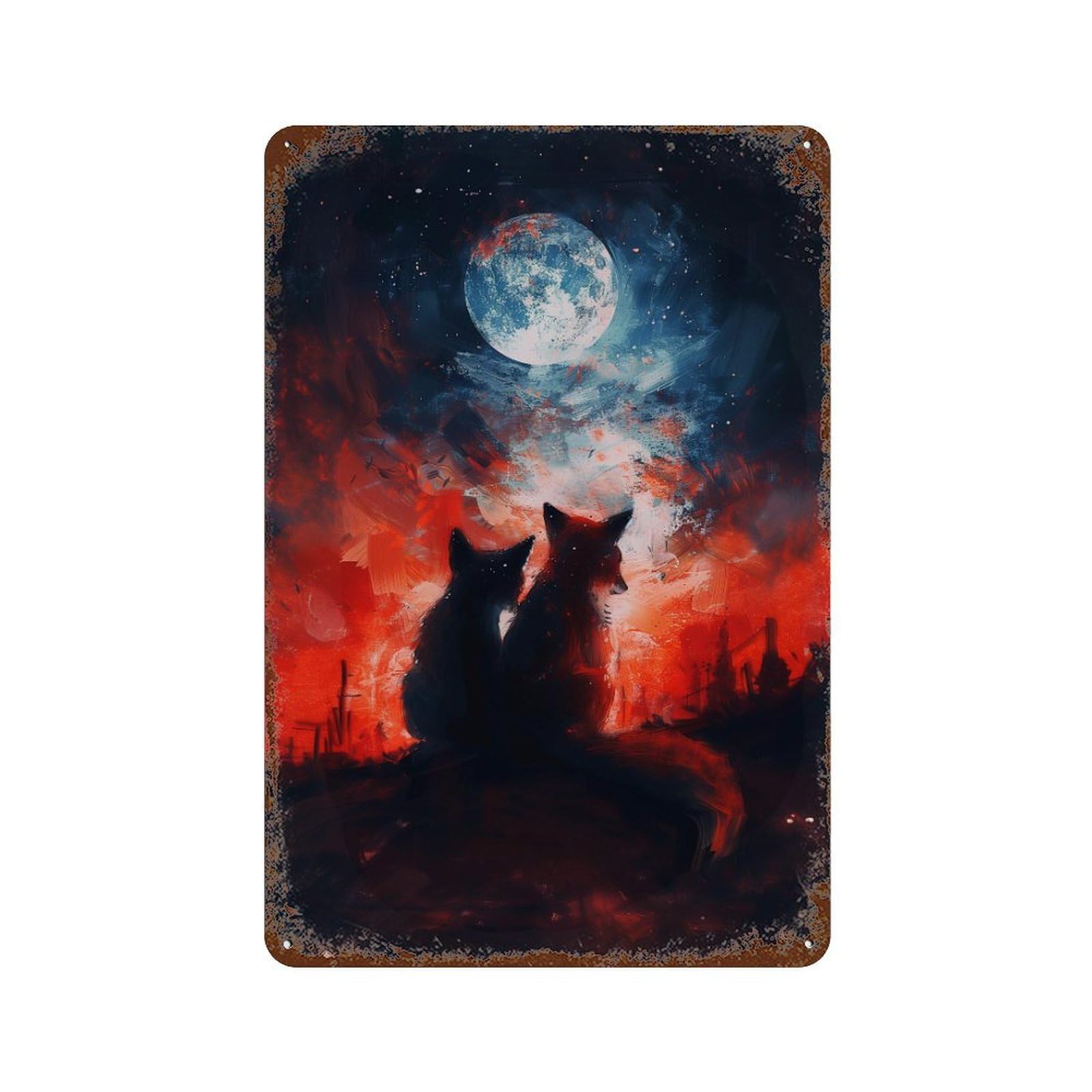 Rusty Metal Tin Sign with Foxes Under The Moon Design 11.8"x7.9", for Farmhouse, Kitchen And Entryway Decor, Classic Wall Plaque