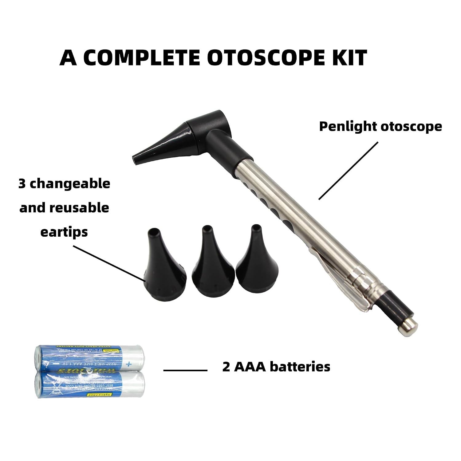 Stainless Steel Mini Diagnostic Otoscope with 3X Magnification, Bright LED Light, Clip and 3 Reusable and Easy-to-Clean Specula Sizes for Kids/Adults & Pet and 2 AAA Batteries