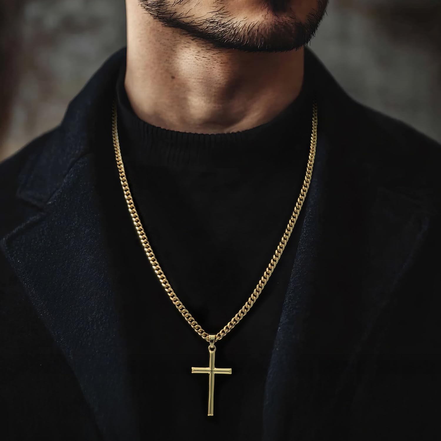 NICRET Gold Cross Necklace for Men 14K Cross Pendant for Men Simple Angular Edges with 4mm Cuban Chain Mens Crosses Chain - Image 6