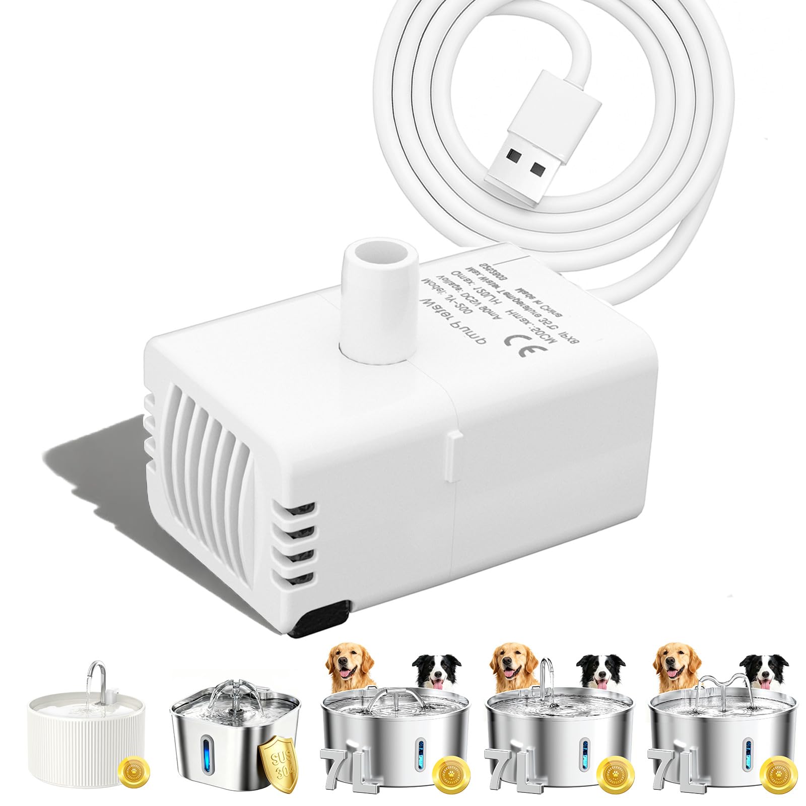Cat Water Fountain Pump Replacement for 2.2L Ceramic Cat Water Fountain, 2.2L Stainless Steel Cat Water Fountain & 7L Dog Water Fountain, Ultra Quiet Long Lifespan Water Pump (PUC03)