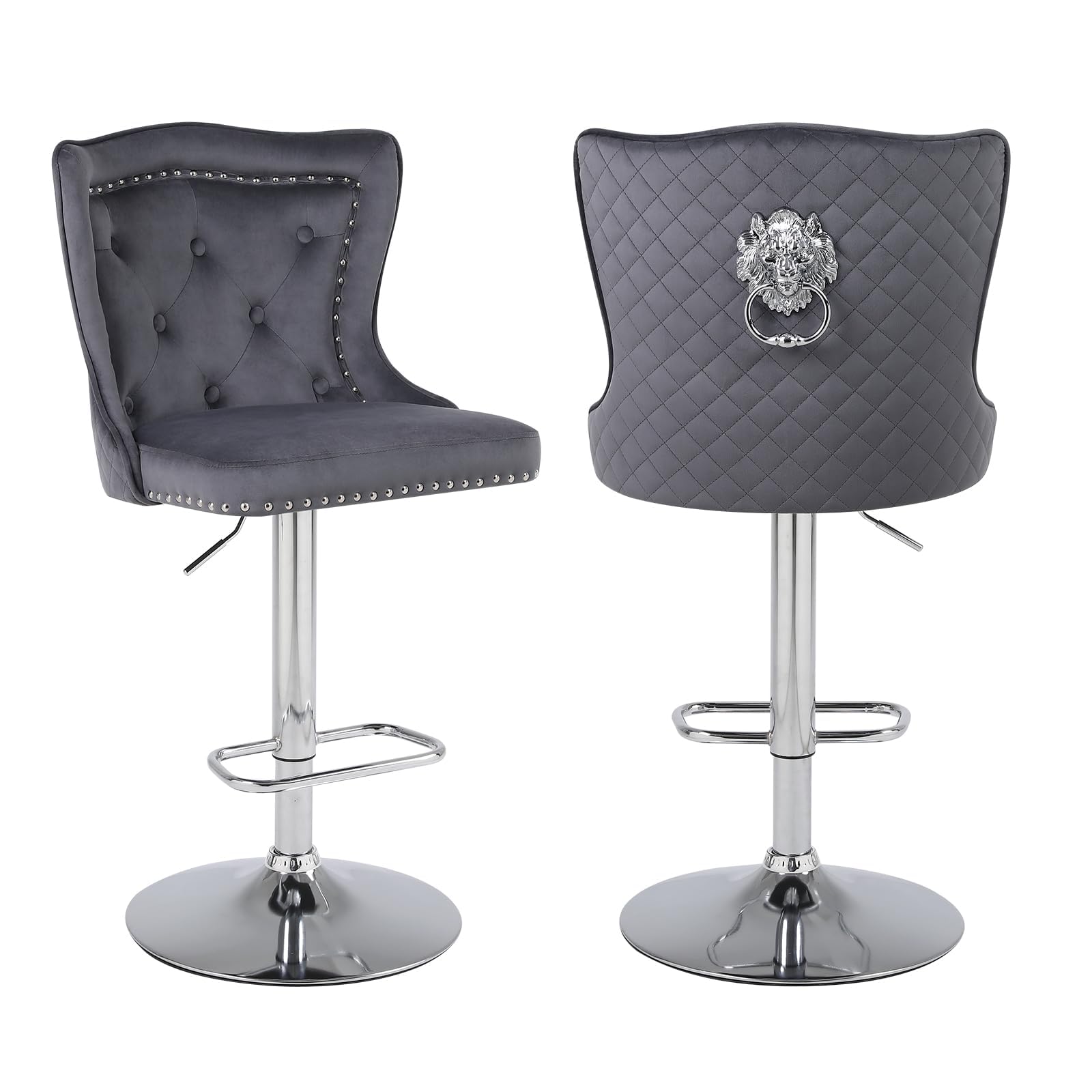 Chummaven Velvet Tufted Barstools Set of 2 Swivel Modern Bar Stools with High Wing Back Barchairs with Lion Knocker Adjustable Kitchen Counter Stools Dark Grey