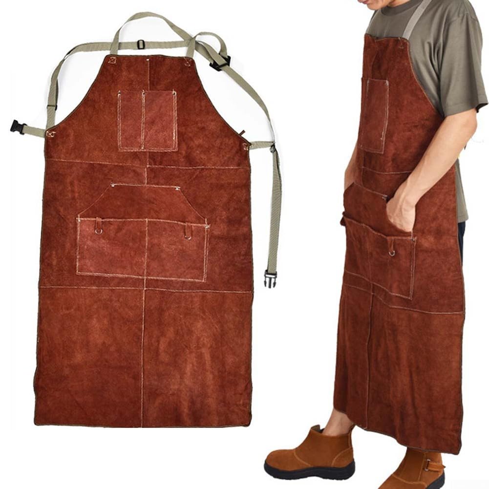 Delantal de soldadura de cuero de vacuno resistente al calor y al fuego, con seis bolsillos para herramientas, para soldadores, herreros y armeros, marrón, 65 x 115 cm