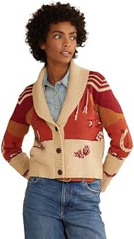 PENDLETON Womens Western Scenic Cotton Cardigan Sweater, Red/Sand