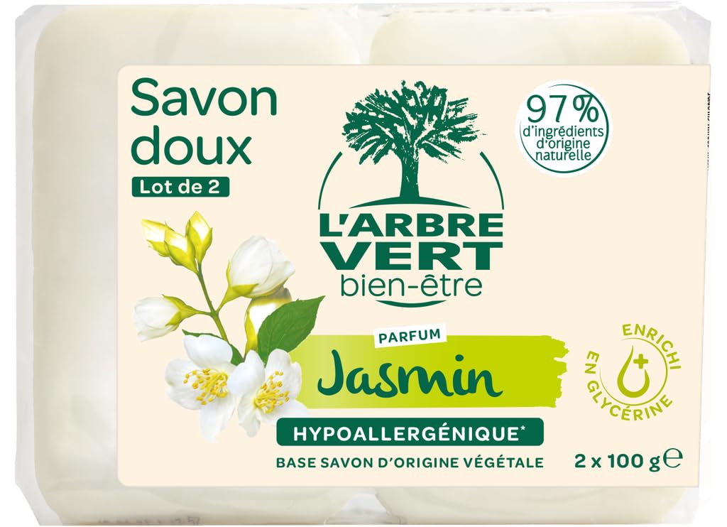 L'Arbre Vert Bien-être Savon solide doux parfum Jasmin - Hypoallergénique - 97% d'ingrédients d'origine naturelle - lot de 2x100g