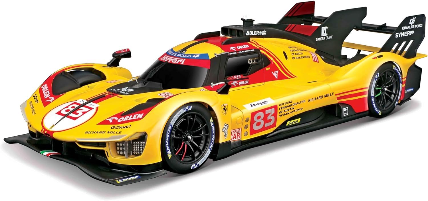 Bburago - Ferrari 499P LMH #83 Le Mans 2024-1/16 - Vehículo controlado por radio 2,4 GHz - Coche RC recargable - Velocidad 13,7 km/h - Modelo reducido realista de carrera, juguete infantil y colección